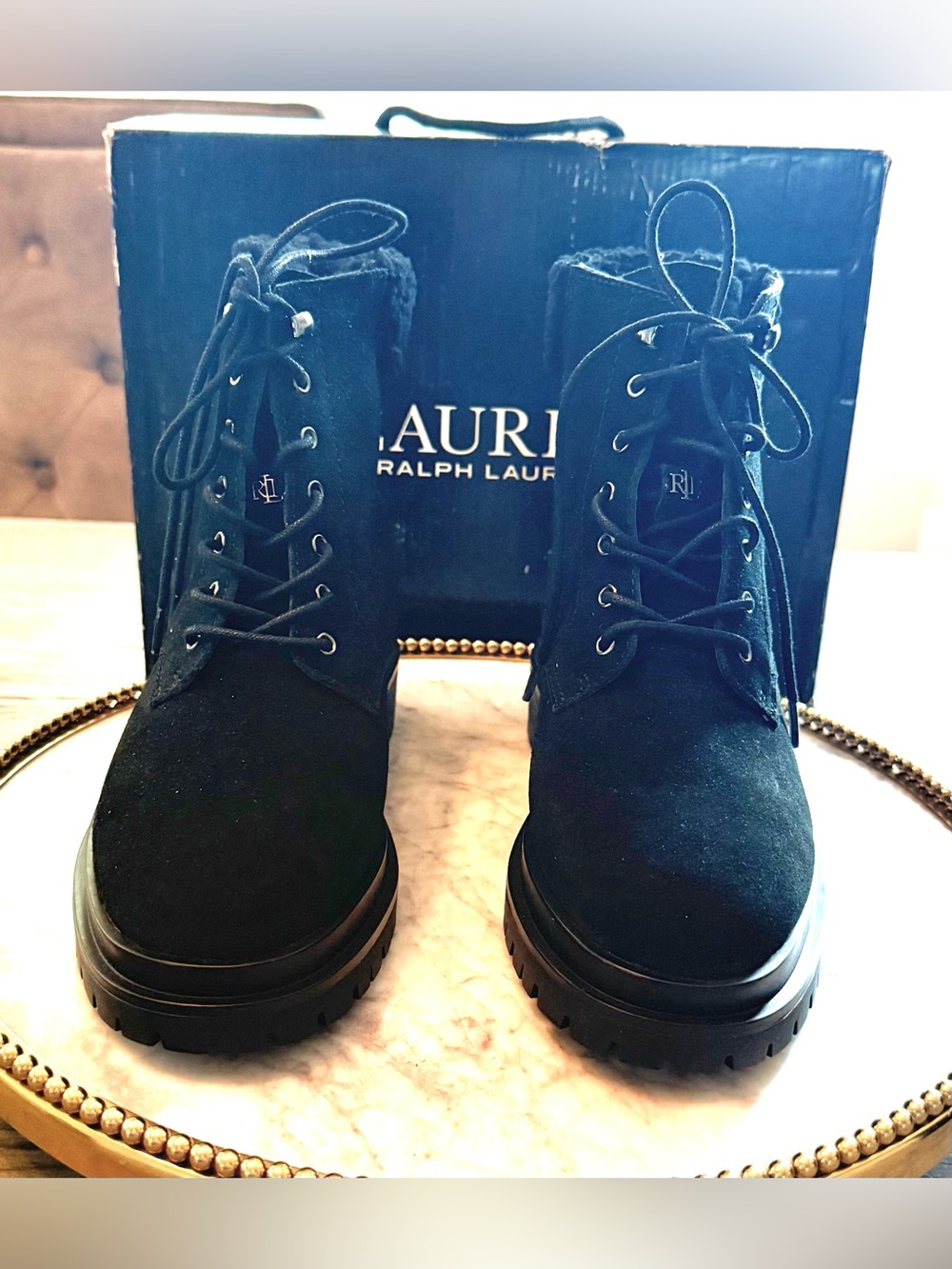 RALPH LAUREN Women Carlee Black Calf Suede Shearling Trim Boots | Sz. 6.5 (NWB)